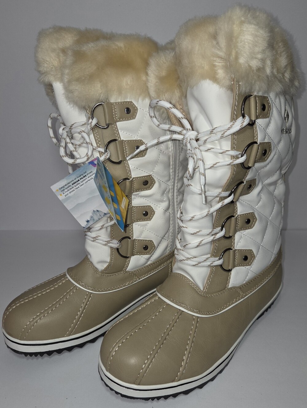 Dream Pairs Tan and White Quilted Faux Fur Lined Boots